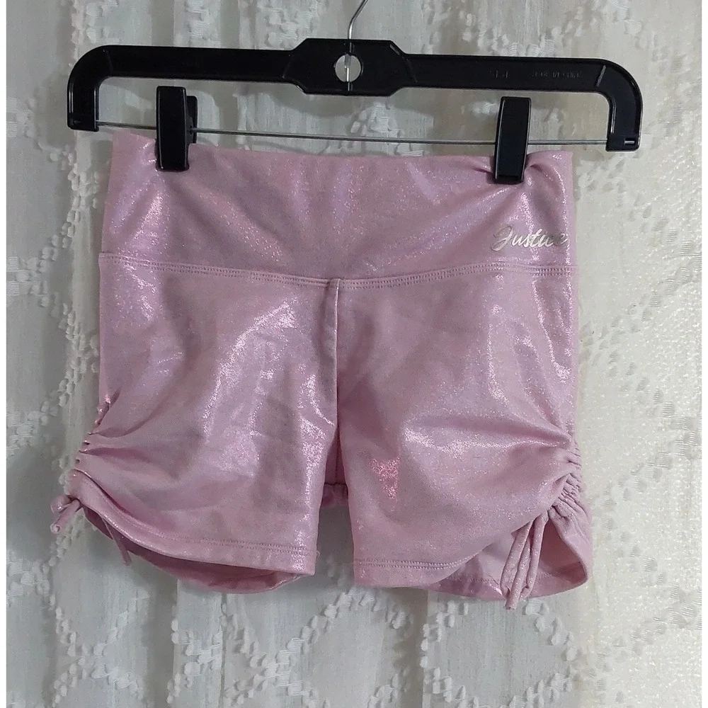 Justice Girls Metallic Pink Shimmer Cinched Dance Gymnastics Shorts SZ 10/12